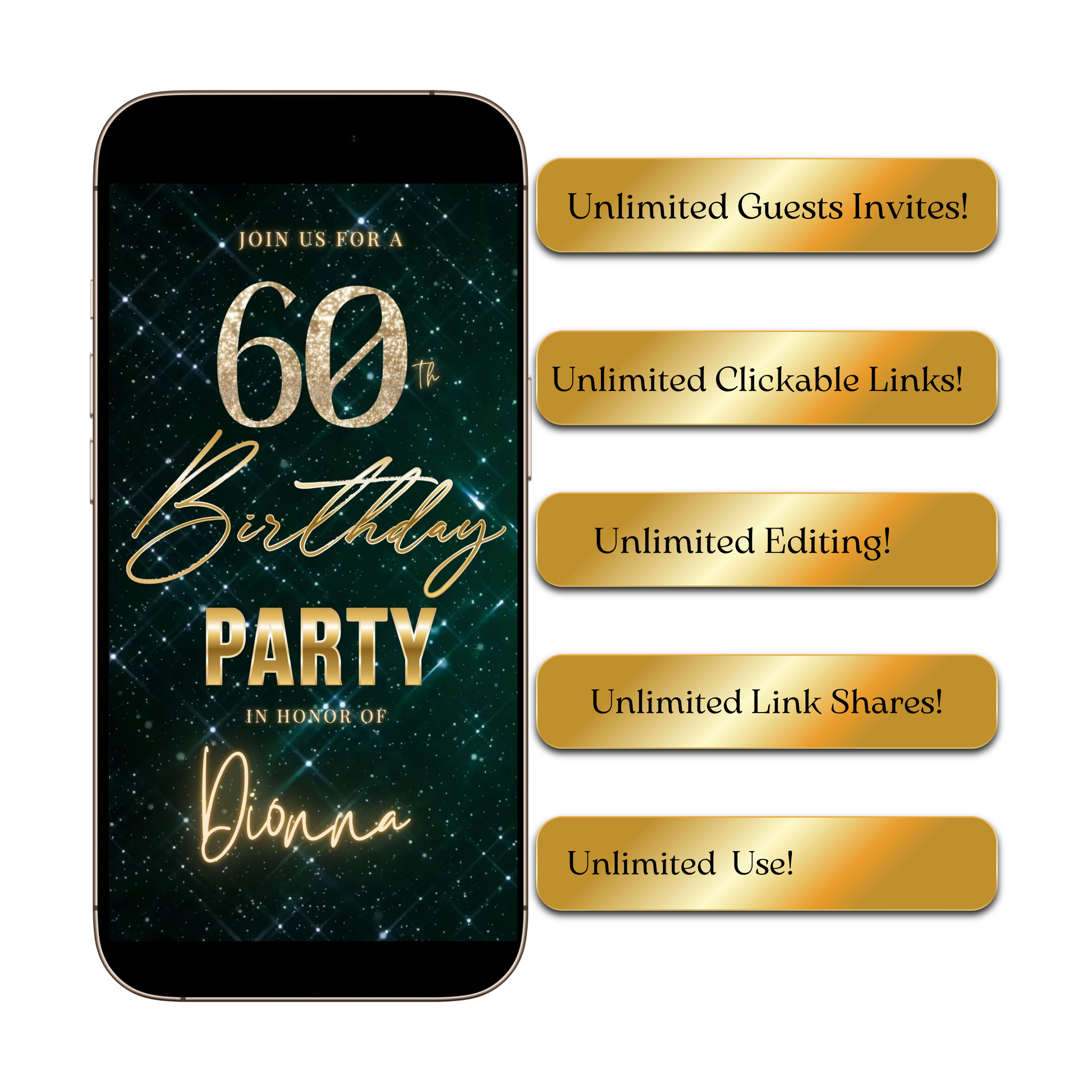 Editable teal glam 60th birthday birthday video invitation displayed on a mobile phone, featuring an animated vertical digital invite with music, created in Canva. This premium video invitation template is designed for sharing by text, email, and social media and works with an interactive RSVP website for easy guest response tracking.