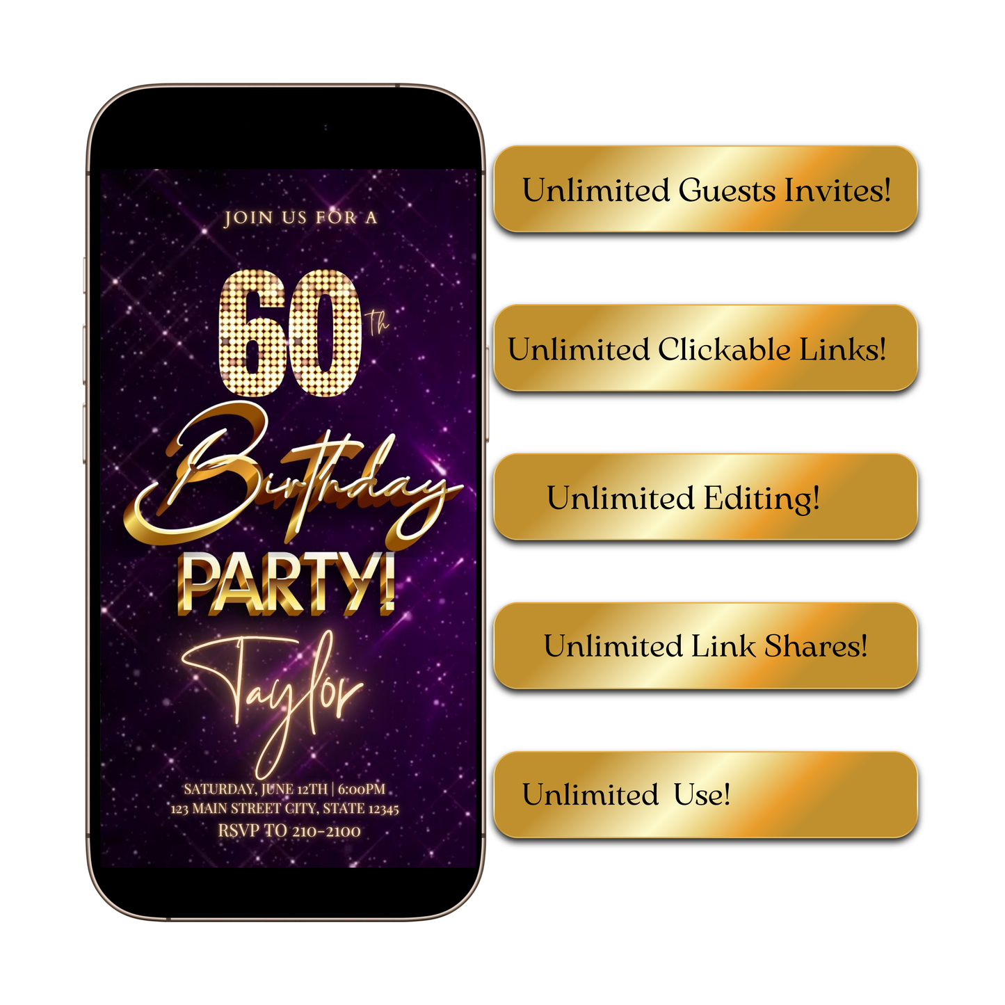 Editable purple gold elegant 60th birthday birthday video invitation displayed on a mobile phone, featuring an animated vertical digital invite with music, created in Canva. This premium video invitation template is designed for sharing by text, email, and social media and works with an interactive RSVP website for easy guest response tracking.