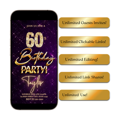Editable purple gold elegant 60th birthday birthday video invitation displayed on a mobile phone, featuring an animated vertical digital invite with music, created in Canva. This premium video invitation template is designed for sharing by text, email, and social media and works with an interactive RSVP website for easy guest response tracking.