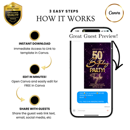 Editable purple gold sparkle 50th birthday video invitation displayed on a mobile phone, featuring an animated vertical digital invite with music, created in Canva. This premium video invitation template is designed for sharing by text, email, and social media and works with an interactive RSVP website for easy guest response tracking.