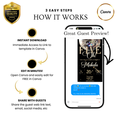 Editable black gold champagne 50th birthday video invitation displayed on a mobile phone, featuring an animated vertical digital invite with music, created in Canva. This premium video invitation template is designed for sharing by text, email, and social media and works with an interactive RSVP website for easy guest response tracking.
