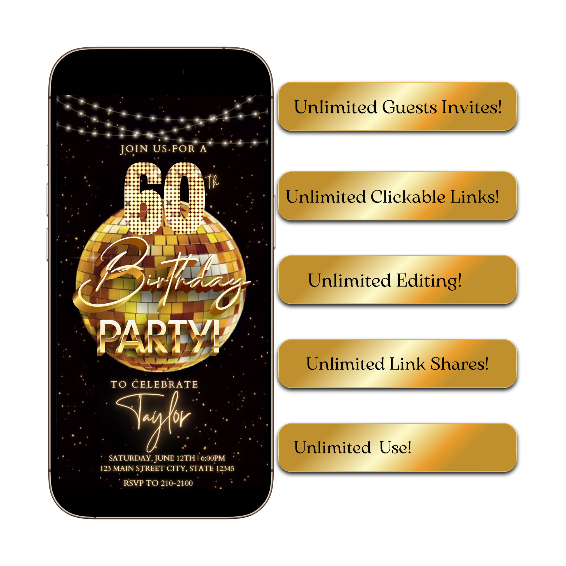 Editable gold disco ball 60th birthday birthday video invitation displayed on a mobile phone, featuring an animated vertical digital invite with music, created in Canva. This premium video invitation template is designed for sharing by text, email, and social media and works with an interactive RSVP website for easy guest response tracking.