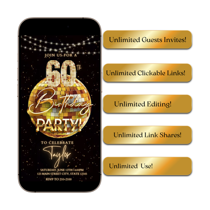 Editable gold disco ball 60th birthday birthday video invitation displayed on a mobile phone, featuring an animated vertical digital invite with music, created in Canva. This premium video invitation template is designed for sharing by text, email, and social media and works with an interactive RSVP website for easy guest response tracking.