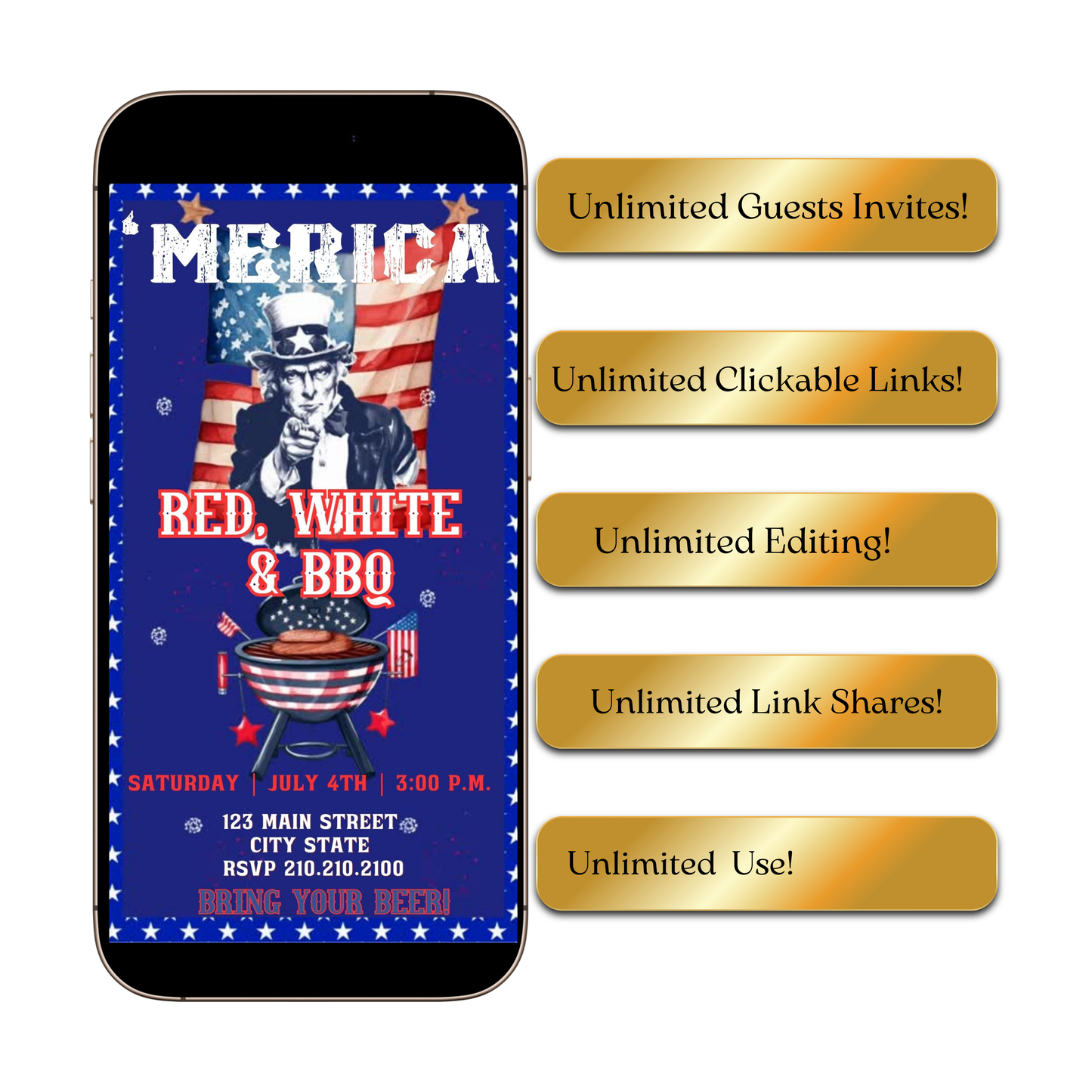 Editable red white blue bbq party party video invitation displayed on a mobile phone, featuring an animated vertical digital invite with music, created in Canva. This premium video invitation template is designed for sharing by text, email, and social media and works with an interactive RSVP website for easy guest response tracking.
