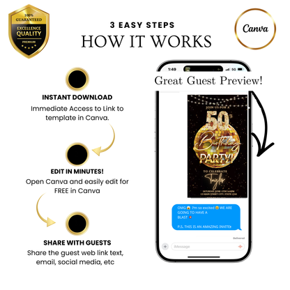 Editable black gold glam 50th birthday video invitation displayed on a mobile phone, featuring an animated vertical digital invite with music, created in Canva. This premium video invitation template is designed for sharing by text, email, and social media and works with an interactive RSVP website for easy guest response tracking.
