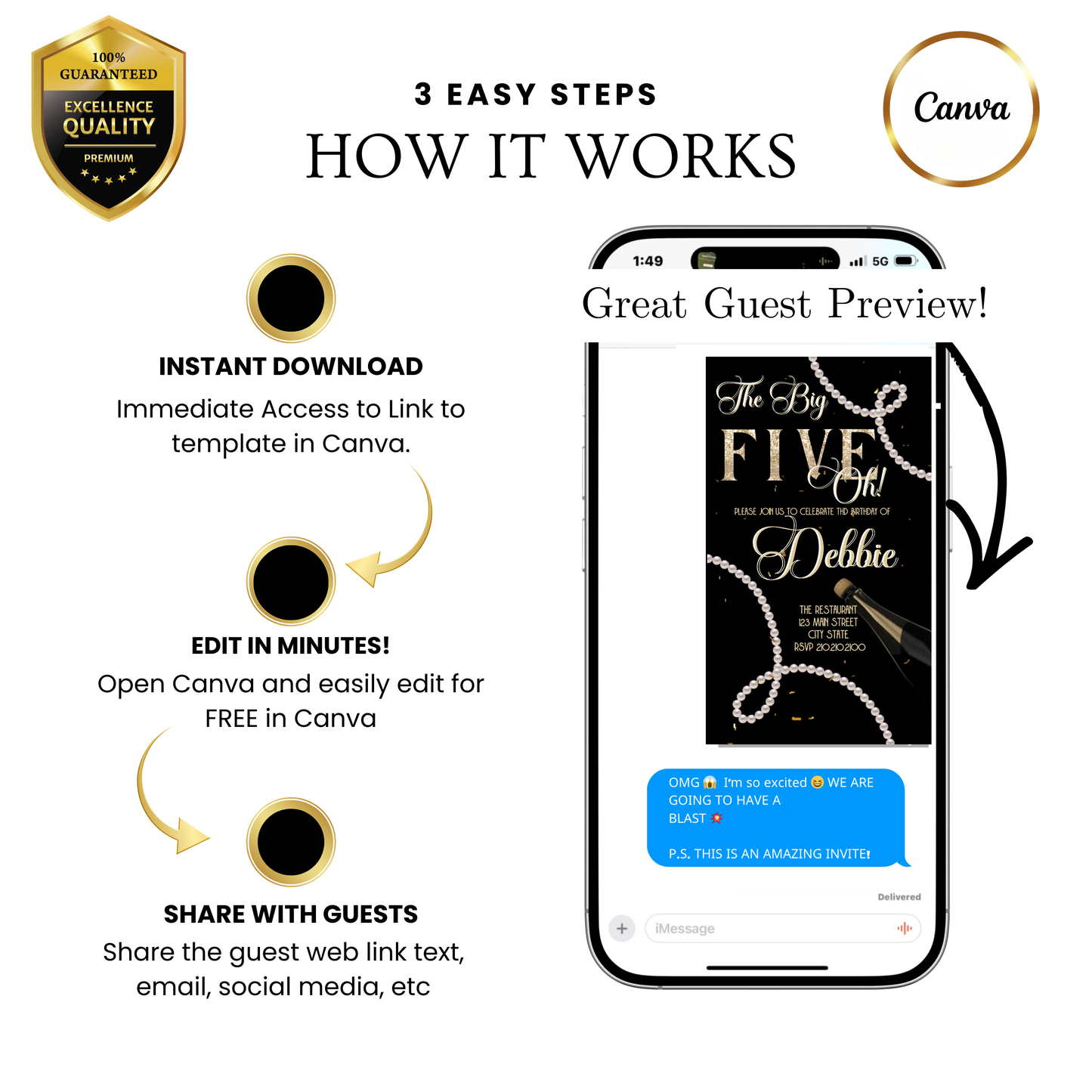 Editable pearl black gold 50th birthday video invitation displayed on a mobile phone, featuring an animated vertical digital invite with music, created in Canva. This premium video invitation template is designed for sharing by text, email, and social media and works with an interactive RSVP website for easy guest response tracking.
