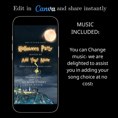 Editable wizard halloween party party video invitation displayed on a mobile phone, featuring an animated vertical digital invite with music, created in Canva. This premium video invitation template is designed for sharing by text, email, and social media and works with an interactive RSVP website for easy guest response tracking.