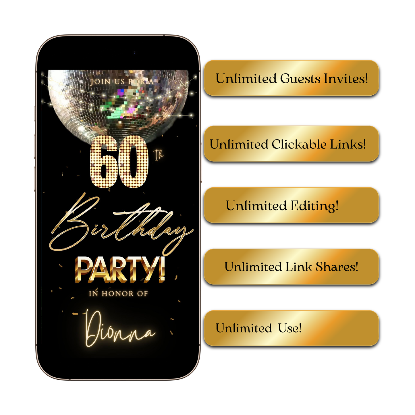 Editable disco ball gold 60th birthday birthday video invitation displayed on a mobile phone, featuring an animated vertical digital invite with music, created in Canva. This premium video invitation template is designed for sharing by text, email, and social media and works with an interactive RSVP website for easy guest response tracking.