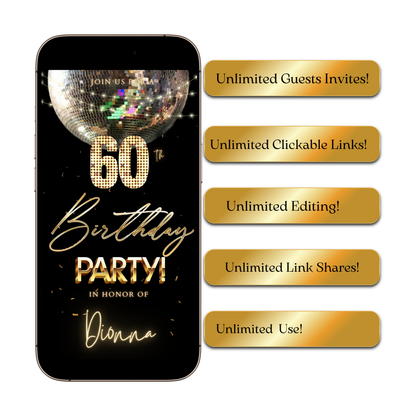 Editable disco ball gold 60th birthday birthday video invitation displayed on a mobile phone, featuring an animated vertical digital invite with music, created in Canva. This premium video invitation template is designed for sharing by text, email, and social media and works with an interactive RSVP website for easy guest response tracking.