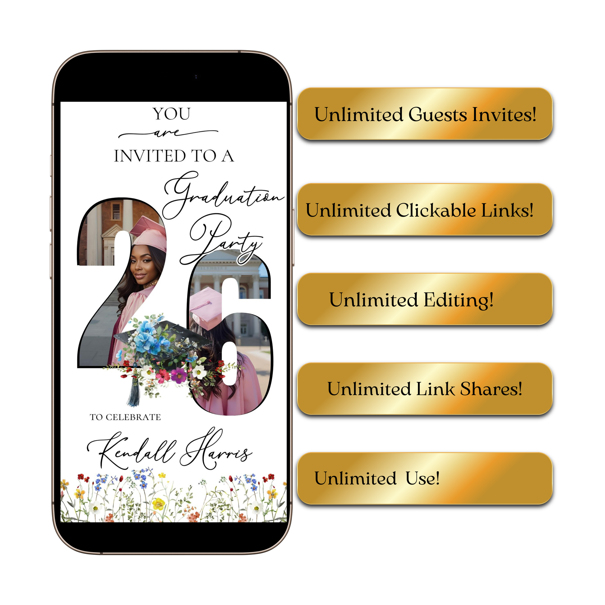 Editable floral graduation 2026 graduation video invitation displayed on a mobile phone, featuring an animated vertical digital invite with music, created in Canva. This premium video invitation template is designed for sharing by text, email, and social media and works with an interactive RSVP website for easy guest response tracking.