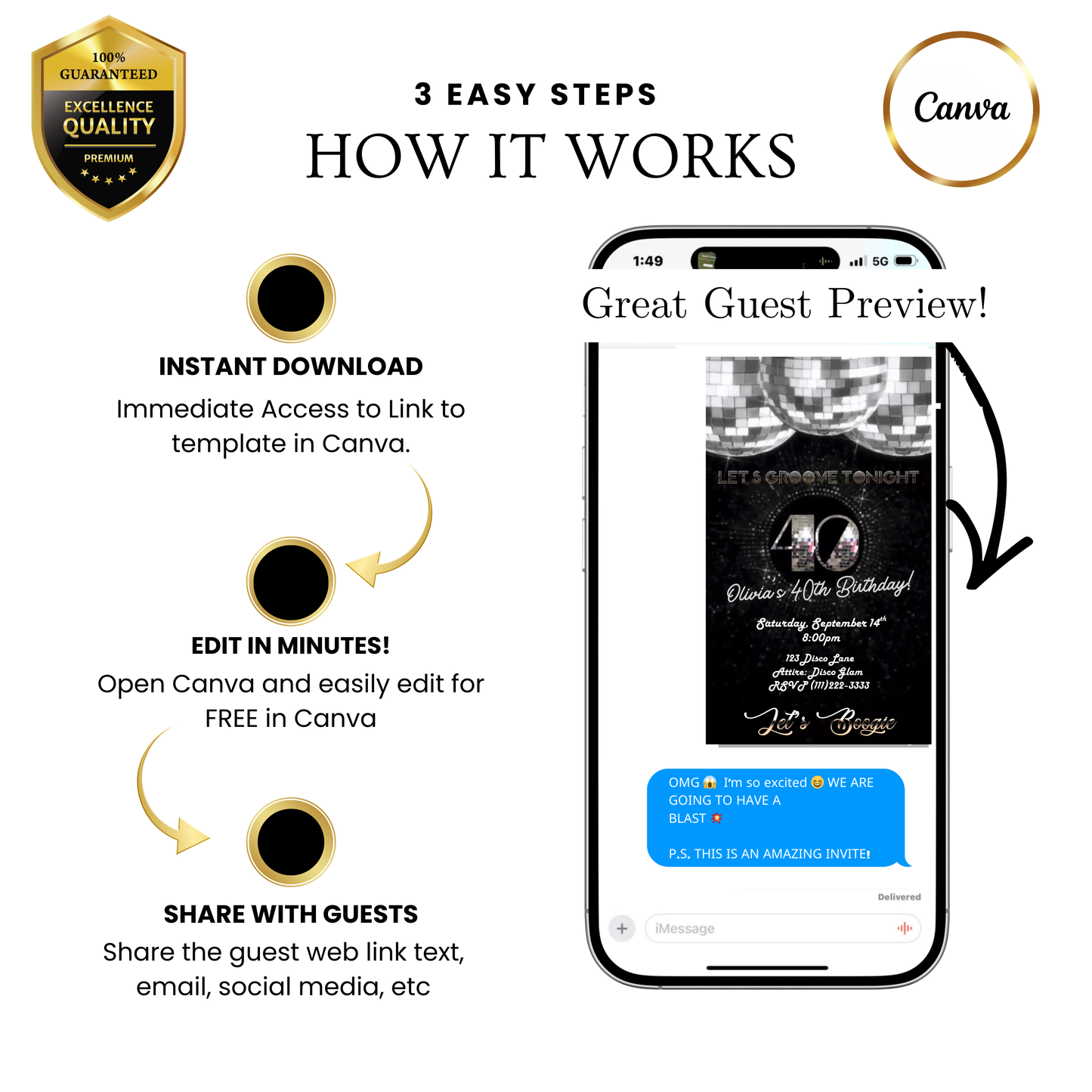 Editable disco silver 40th birthday video invitation displayed on a mobile phone, featuring an animated vertical digital invite with music, created in Canva. This premium video invitation template is designed for sharing by text, email, and social media and works with an interactive RSVP website for easy guest response tracking.