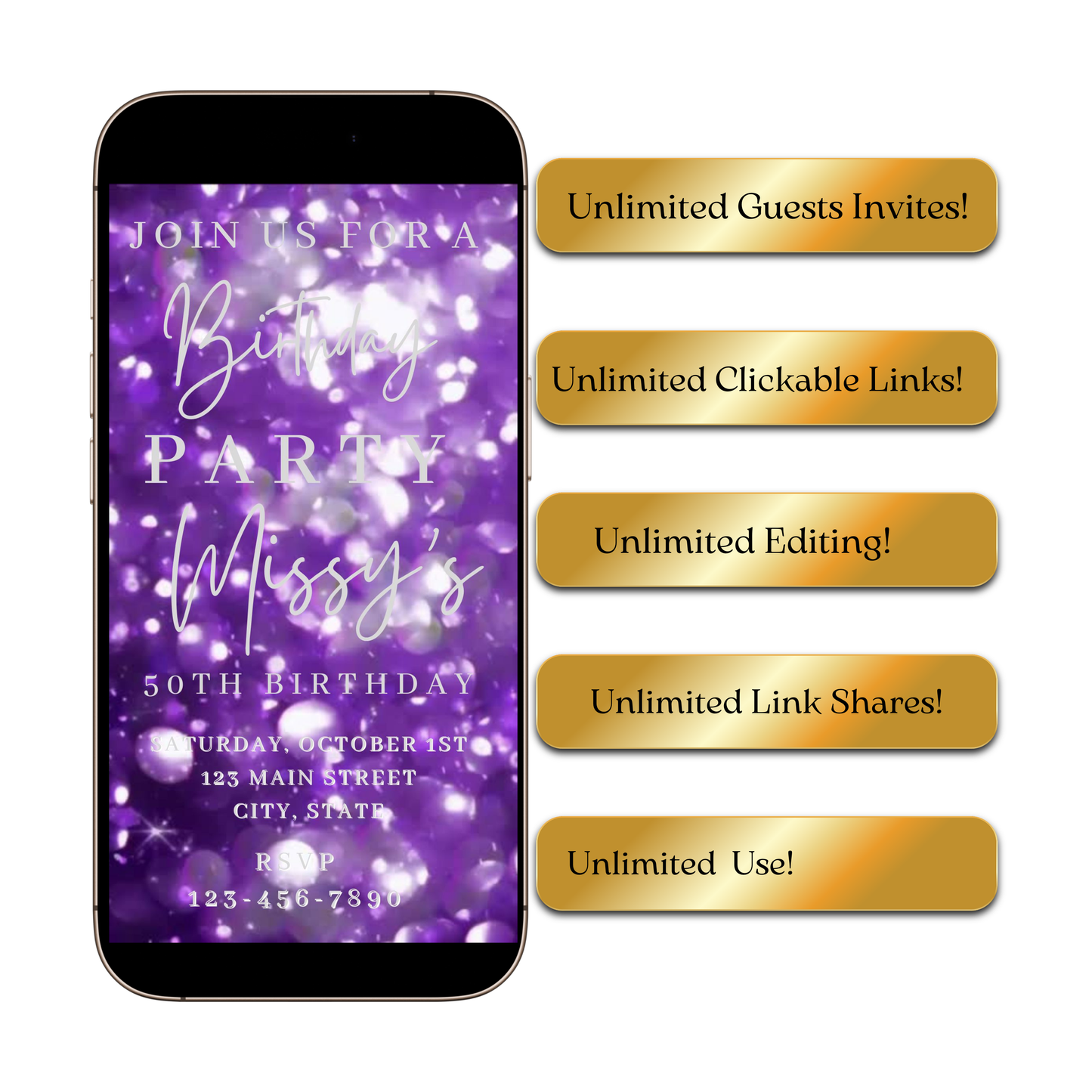 Editable purple bokeh 50th birthday birthday video invitation displayed on a mobile phone, featuring an animated vertical digital invite with music, created in Canva. This premium video invitation template is designed for sharing by text, email, and social media and works with an interactive RSVP website for easy guest response tracking.