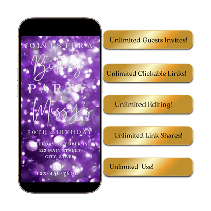 Editable purple bokeh 50th birthday birthday video invitation displayed on a mobile phone, featuring an animated vertical digital invite with music, created in Canva. This premium video invitation template is designed for sharing by text, email, and social media and works with an interactive RSVP website for easy guest response tracking.
