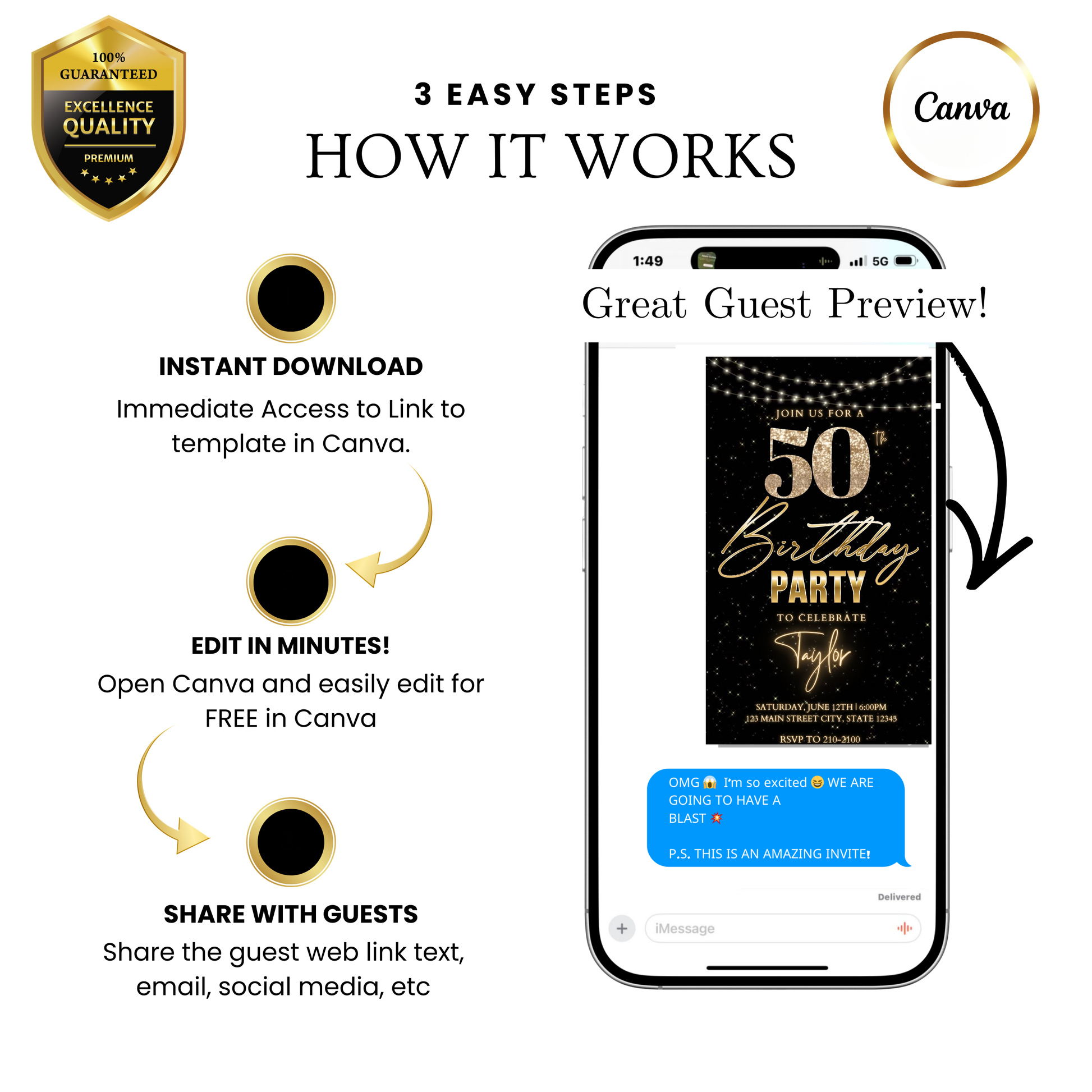 Editable gold glitter starry 50th birthday video invitation displayed on a mobile phone, featuring an animated vertical digital invite with music, created in Canva. This premium video invitation template is designed for sharing by text, email, and social media and works with an interactive RSVP website for easy guest response tracking.