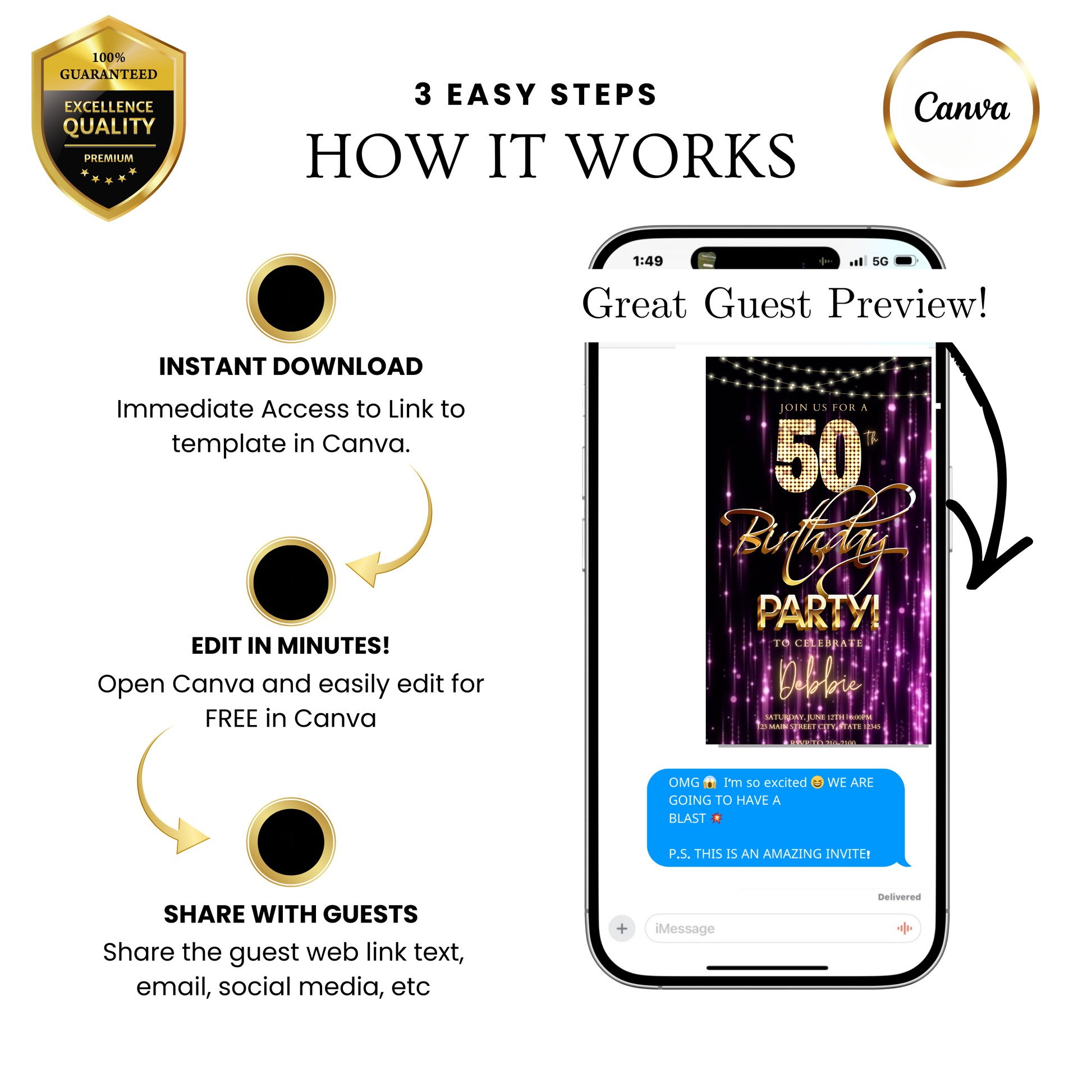 Editable purple gold glam 50th birthday party video invitation displayed on a mobile phone, featuring an animated vertical digital invite with music, created in Canva. This premium video invitation template is designed for sharing by text, email, and social media and works with an interactive RSVP website for easy guest response tracking.