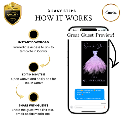 Editable purple glitter dress Quinceañera video invitation displayed on a mobile phone, featuring an animated vertical digital invite with music, created in Canva. This premium video invitation template is designed for sharing by text, email, and social media and works with an interactive RSVP website for easy guest response tracking.