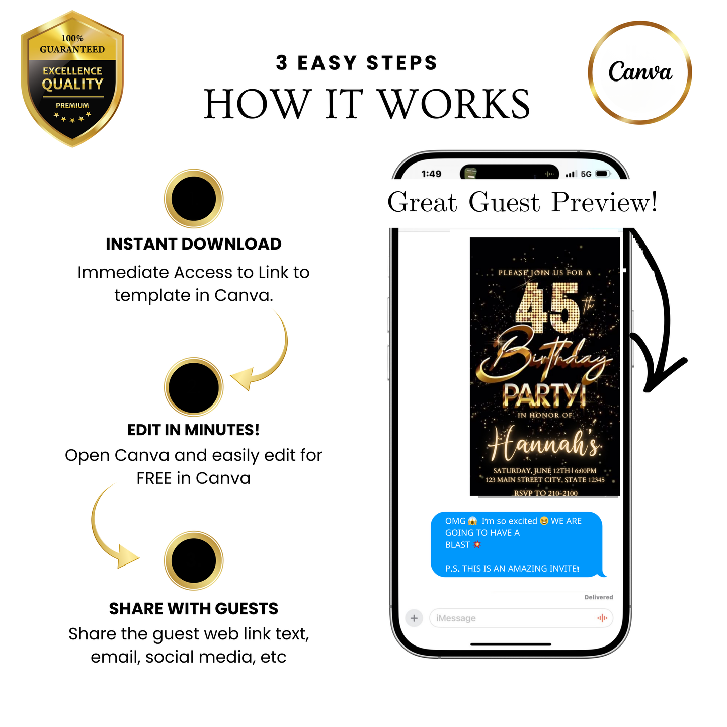 Editable gold fireworks 45th birthday party video invitation displayed on a mobile phone, featuring an animated vertical digital invite with music, created in Canva. This premium video invitation template is designed for sharing by text, email, and social media and works with an interactive RSVP website for easy guest response tracking.