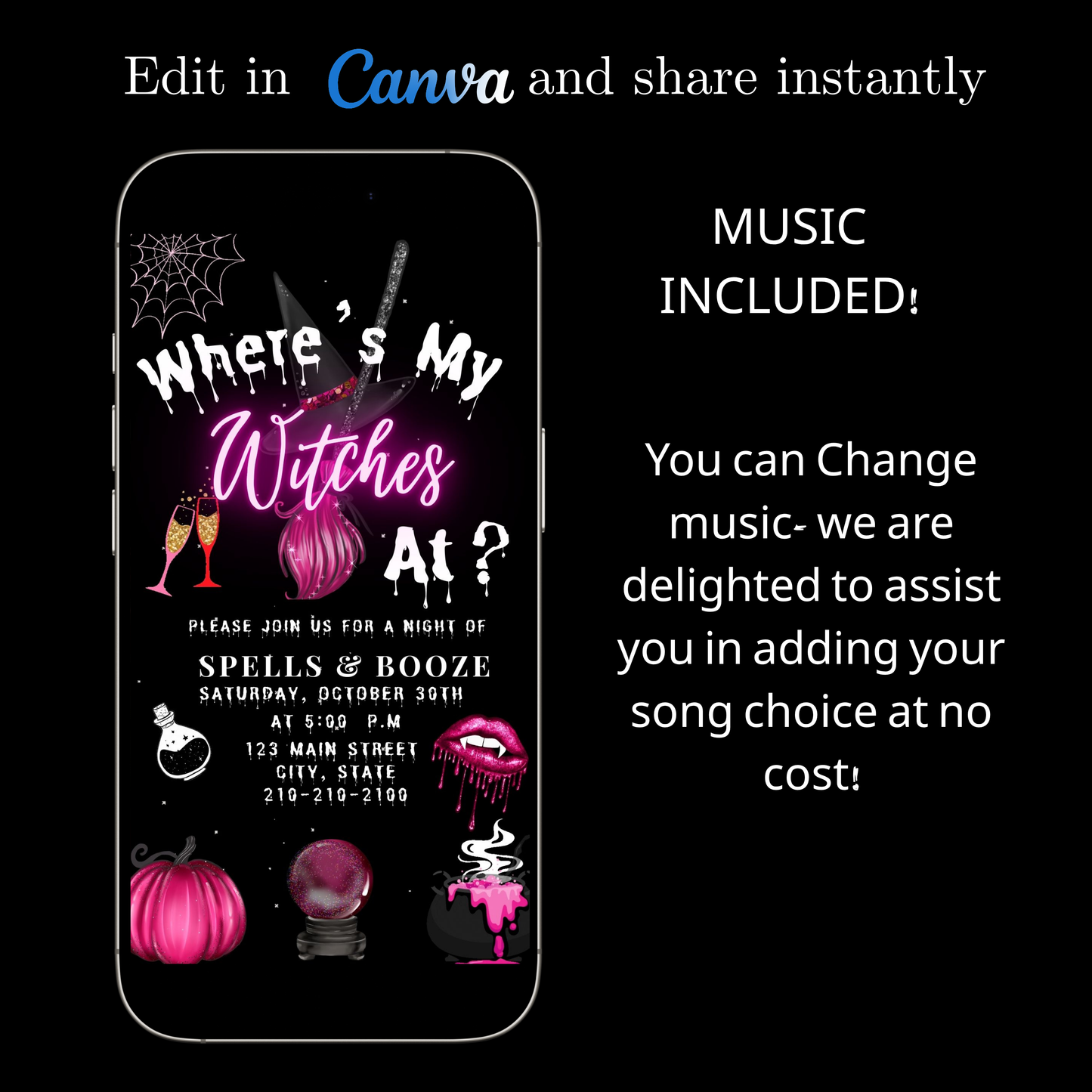 Editable pink witches halloween party party video invitation displayed on a mobile phone, featuring an animated vertical digital invite with music, created in Canva. This premium video invitation template is designed for sharing by text, email, and social media and works with an interactive RSVP website for easy guest response tracking.