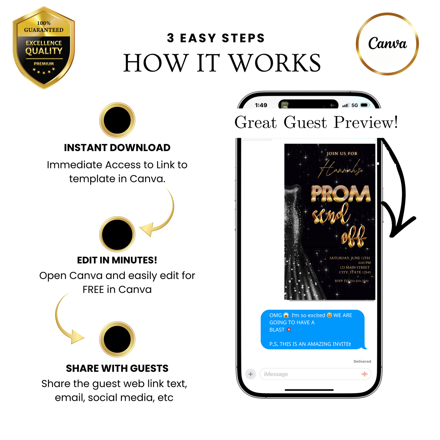 Editable black gold prom send off video invitation displayed on a mobile phone, featuring an animated vertical digital invite with music, created in Canva. This premium video invitation template is designed for sharing by text, email, and social media and works with an interactive RSVP website for easy guest response tracking.