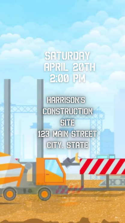 Animated Boys Construction Birthday Video Invitation