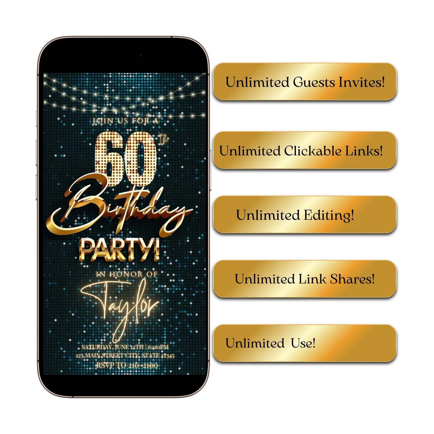 Editable teal gold disco 60th birthday birthday video invitation displayed on a mobile phone, featuring an animated vertical digital invite with music, created in Canva. This premium video invitation template is designed for sharing by text, email, and social media and works with an interactive RSVP website for easy guest response tracking.