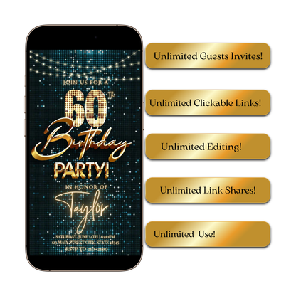 Editable teal gold disco 60th birthday birthday video invitation displayed on a mobile phone, featuring an animated vertical digital invite with music, created in Canva. This premium video invitation template is designed for sharing by text, email, and social media and works with an interactive RSVP website for easy guest response tracking.