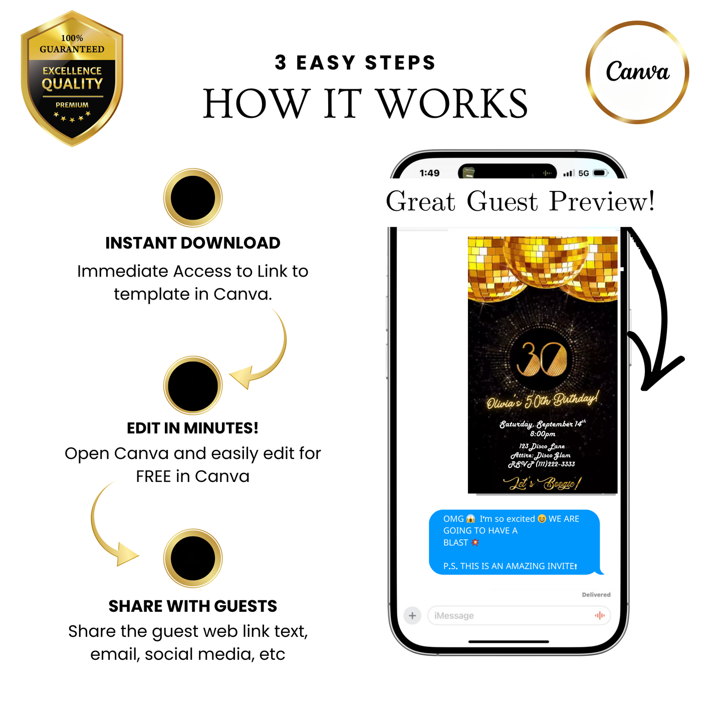 Editable gold disco 30th birthday video invitation displayed on a mobile phone, featuring an animated vertical digital invite with music, created in Canva. This premium video invitation template is designed for sharing by text, email, and social media and works with an interactive RSVP website for easy guest response tracking.