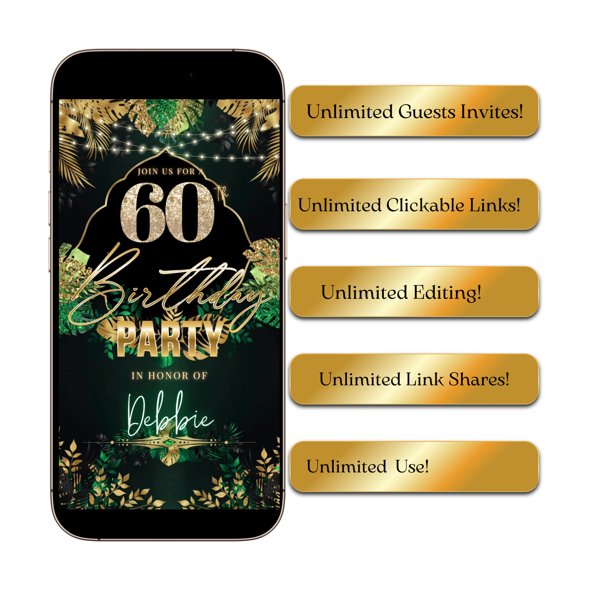 Editable safari green gold 60th birthday birthday video invitation displayed on a mobile phone, featuring an animated vertical digital invite with music, created in Canva. This premium video invitation template is designed for sharing by text, email, and social media and works with an interactive RSVP website for easy guest response tracking.