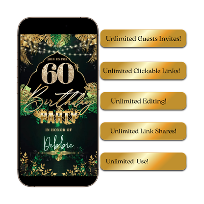 Editable safari green gold 60th birthday birthday video invitation displayed on a mobile phone, featuring an animated vertical digital invite with music, created in Canva. This premium video invitation template is designed for sharing by text, email, and social media and works with an interactive RSVP website for easy guest response tracking.