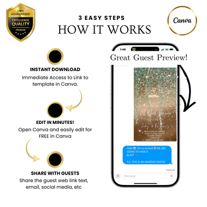 Editable sage green and gold watercolor glitter engagement dinner video invitation displayed on a mobile phone, featuring an animated vertical digital invite with music, created in Canva. This premium video invitation template is designed for sharing by text, email, and social media and works with an interactive RSVP website for easy guest response tracking.