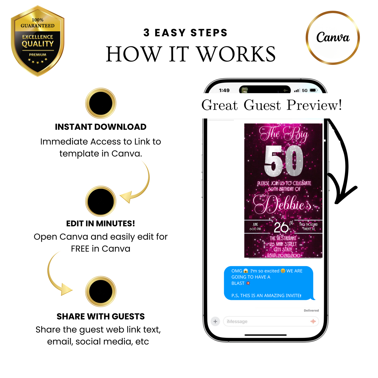 Editable pink sequin 50th birthday video invitation displayed on a mobile phone, featuring an animated vertical digital invite with music, created in Canva. This premium video invitation template is designed for sharing by text, email, and social media and works with an interactive RSVP website for easy guest response tracking.