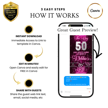 Editable pink sequin 50th birthday video invitation displayed on a mobile phone, featuring an animated vertical digital invite with music, created in Canva. This premium video invitation template is designed for sharing by text, email, and social media and works with an interactive RSVP website for easy guest response tracking.