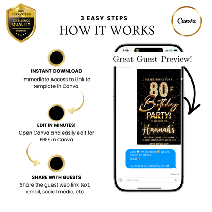 Editable gold fireworks 80th birthday video invitation displayed on a mobile phone, featuring an animated vertical digital invite with music, created in Canva. This premium video invitation template is designed for sharing by text, email, and social media and works with an interactive RSVP website for easy guest response tracking.