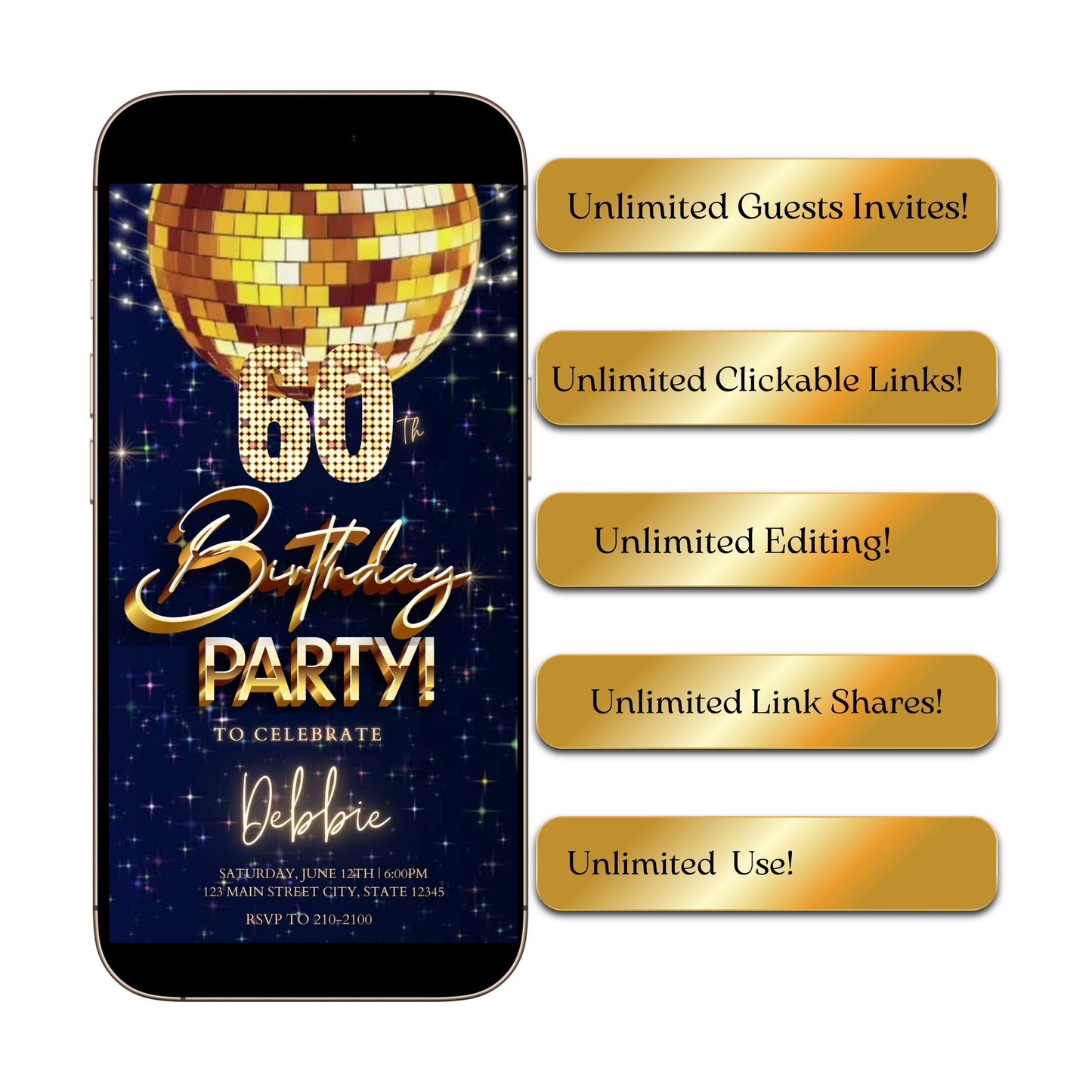 Editable retro disco ball 60th birthday birthday video invitation displayed on a mobile phone, featuring an animated vertical digital invite with music, created in Canva. This premium video invitation template is designed for sharing by text, email, and social media and works with an interactive RSVP website for easy guest response tracking.