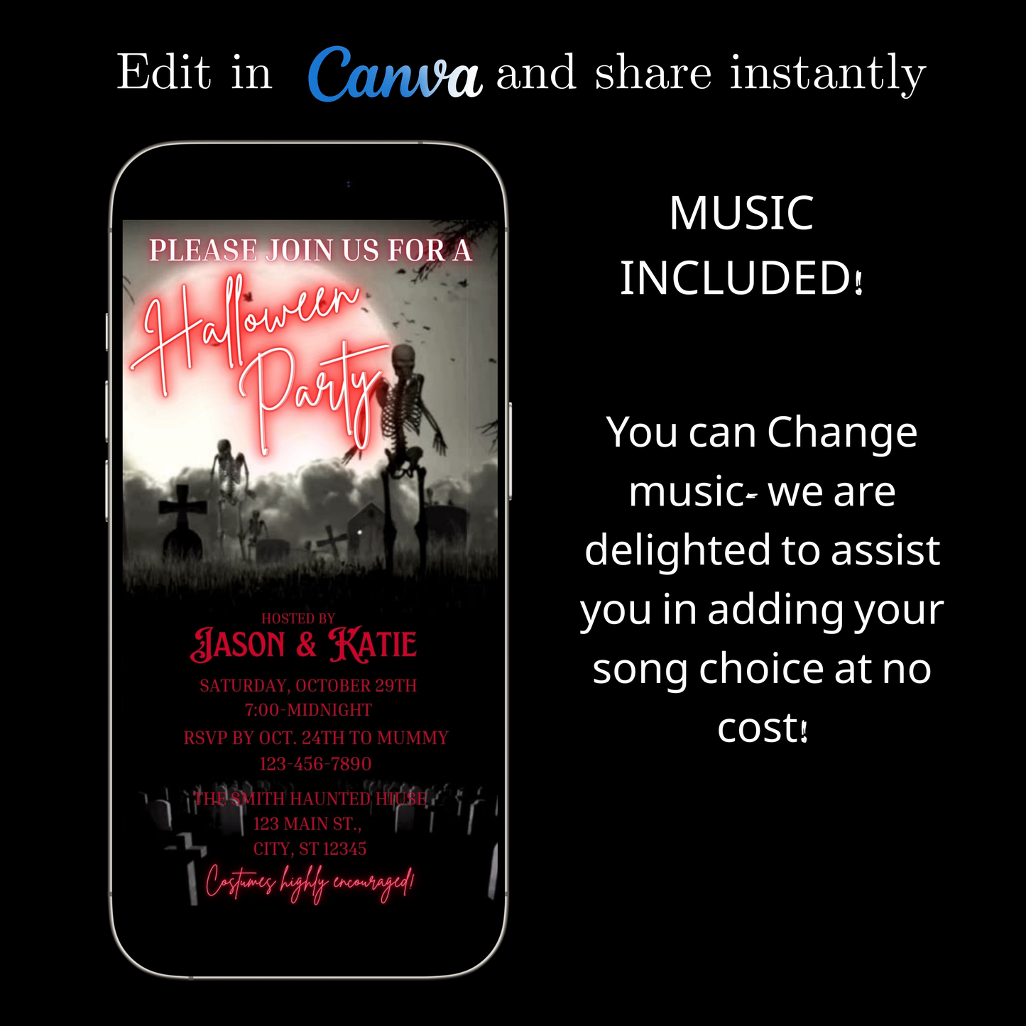 Editable graveyard halloween party party video invitation displayed on a mobile phone, featuring an animated vertical digital invite with music, created in Canva. This premium video invitation template is designed for sharing by text, email, and social media and works with an interactive RSVP website for easy guest response tracking.