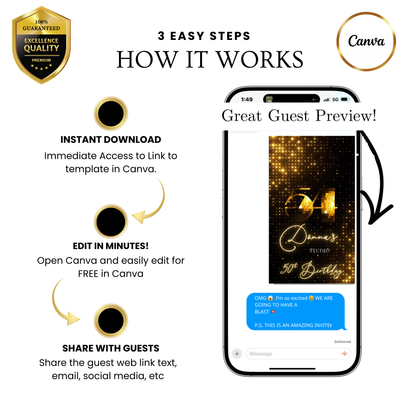 Editable gold disco studio 50th birthday video invitation displayed on a mobile phone, featuring an animated vertical digital invite with music, created in Canva. This premium video invitation template is designed for sharing by text, email, and social media and works with an interactive RSVP website for easy guest response tracking.