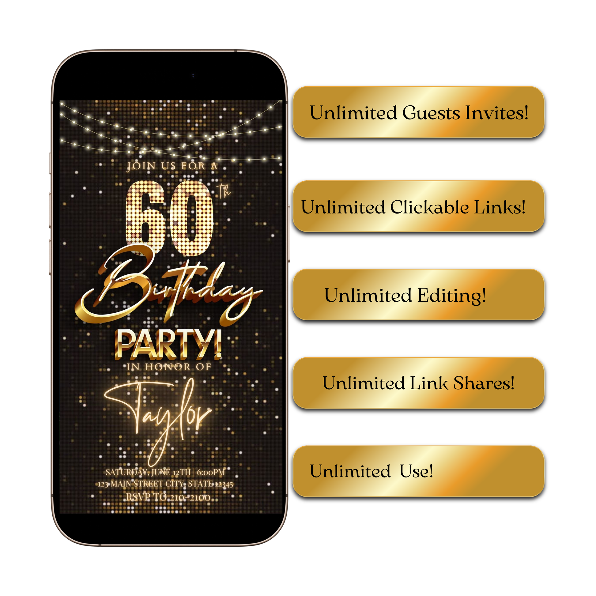 Editable gold party lights 60th birthday birthday video invitation displayed on a mobile phone, featuring an animated vertical digital invite with music, created in Canva. This premium video invitation template is designed for sharing by text, email, and social media and works with an interactive RSVP website for easy guest response tracking.