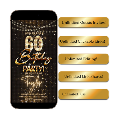 Editable gold party lights 60th birthday birthday video invitation displayed on a mobile phone, featuring an animated vertical digital invite with music, created in Canva. This premium video invitation template is designed for sharing by text, email, and social media and works with an interactive RSVP website for easy guest response tracking.