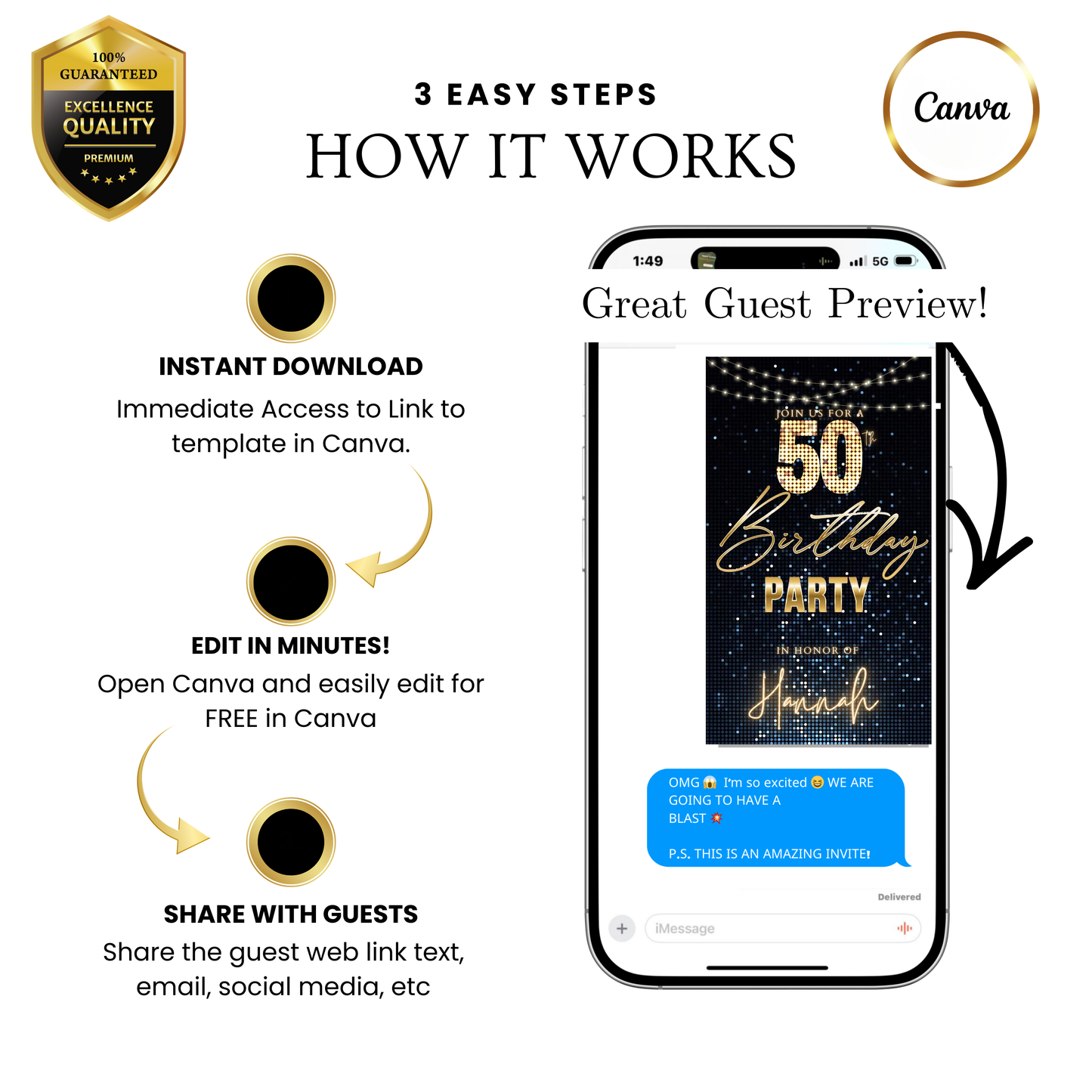 Editable gold stars 50th birthday party video invitation displayed on a mobile phone, featuring an animated vertical digital invite with music, created in Canva. This premium video invitation template is designed for sharing by text, email, and social media and works with an interactive RSVP website for easy guest response tracking.
