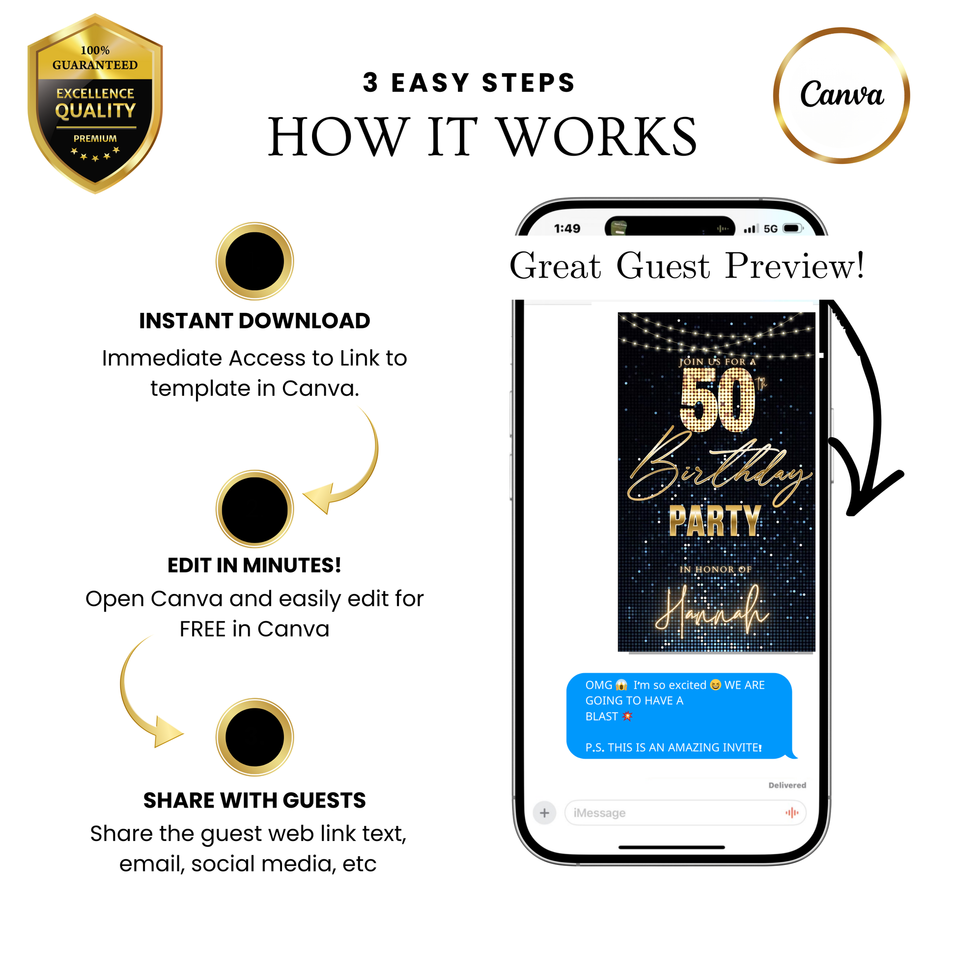 Editable gold stars 50th birthday party video invitation displayed on a mobile phone, featuring an animated vertical digital invite with music, created in Canva. This premium video invitation template is designed for sharing by text, email, and social media and works with an interactive RSVP website for easy guest response tracking.