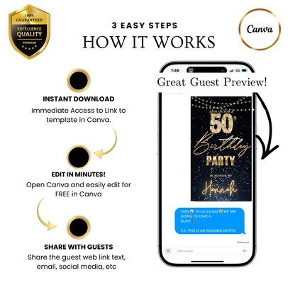 Editable gold stars 50th birthday party video invitation displayed on a mobile phone, featuring an animated vertical digital invite with music, created in Canva. This premium video invitation template is designed for sharing by text, email, and social media and works with an interactive RSVP website for easy guest response tracking.