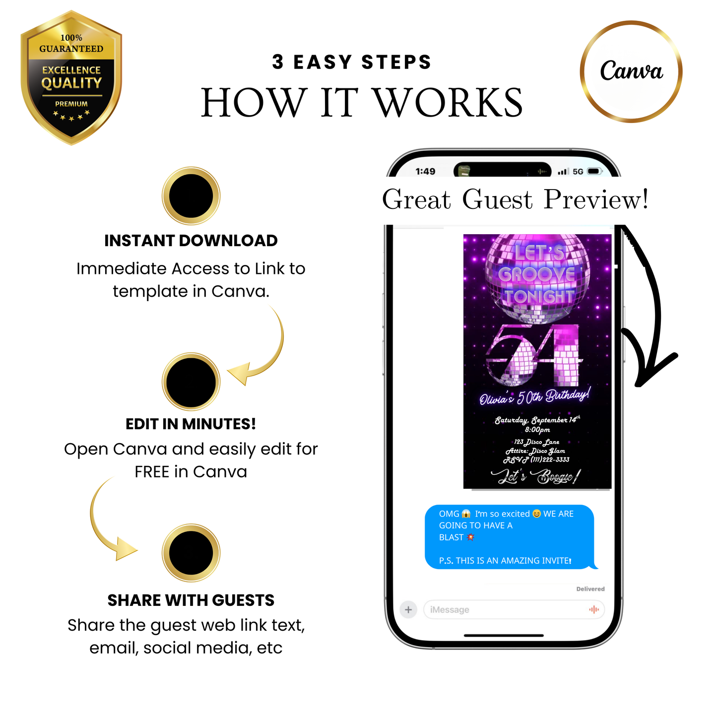 Editable purple disco 54th birthday video invitation displayed on a mobile phone, featuring an animated vertical digital invite with music, created in Canva. This premium video invitation template is designed for sharing by text, email, and social media and works with an interactive RSVP website for easy guest response tracking.