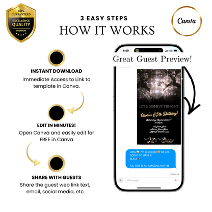 Editable silver disco 65th birthday video invitation displayed on a mobile phone, featuring an animated vertical digital invite with music, created in Canva. This premium video invitation template is designed for sharing by text, email, and social media and works with an interactive RSVP website for easy guest response tracking.