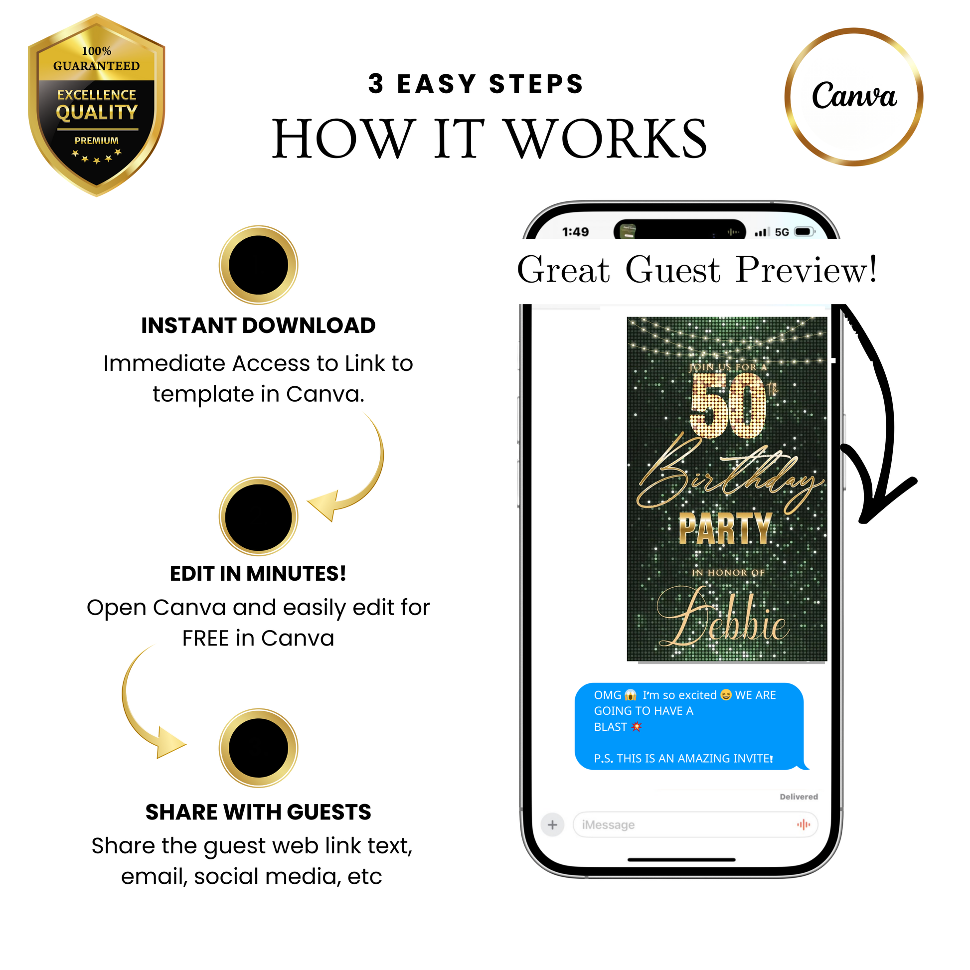 Editable sage green gold glitter 50th birthday video invitation displayed on a mobile phone, featuring an animated vertical digital invite with music, created in Canva. This premium video invitation template is designed for sharing by text, email, and social media and works with an interactive RSVP website for easy guest response tracking.