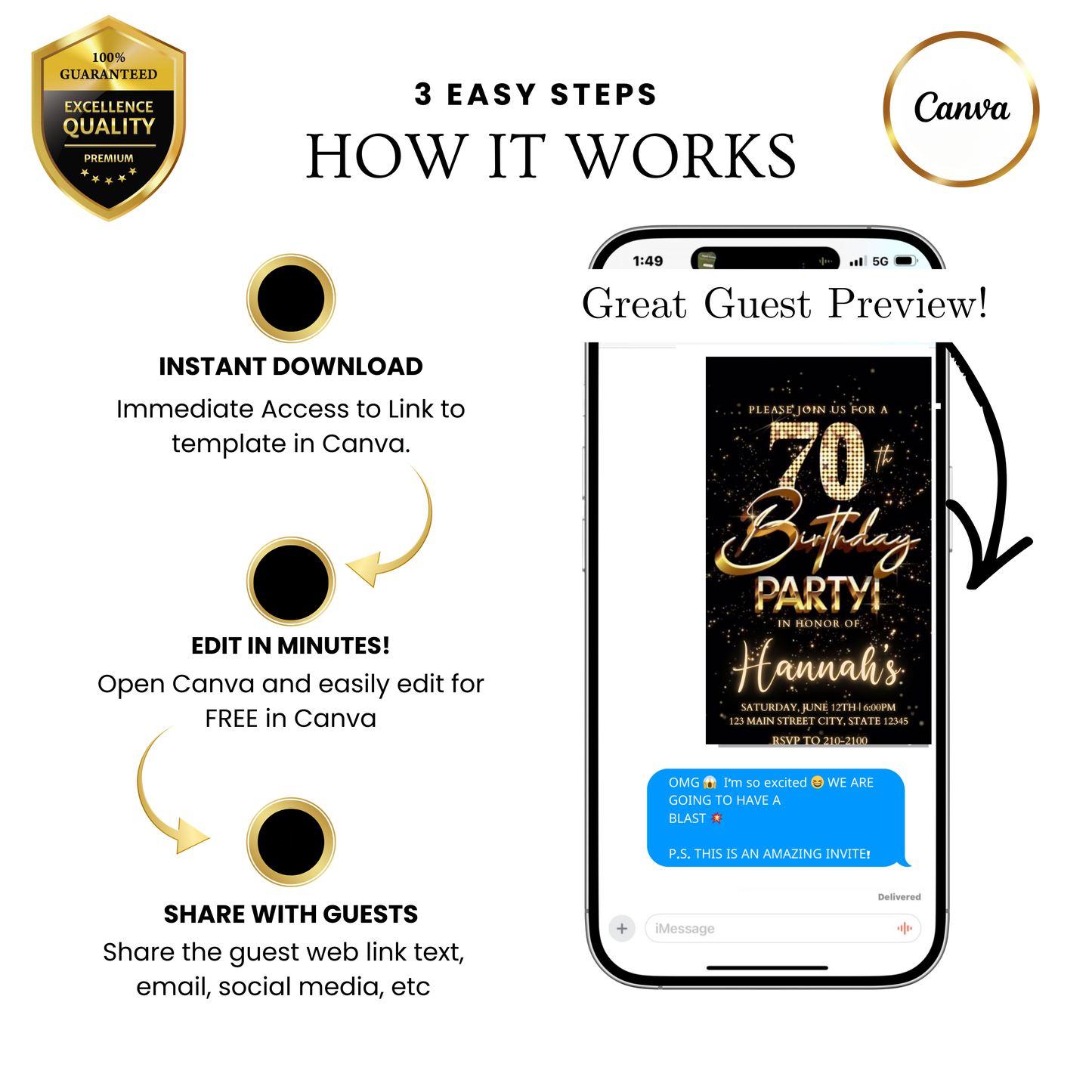 Editable gold fireworks 70th birthday video invitation displayed on a mobile phone, featuring an animated vertical digital invite with music, created in Canva. This premium video invitation template is designed for sharing by text, email, and social media and works with an interactive RSVP website for easy guest response tracking.