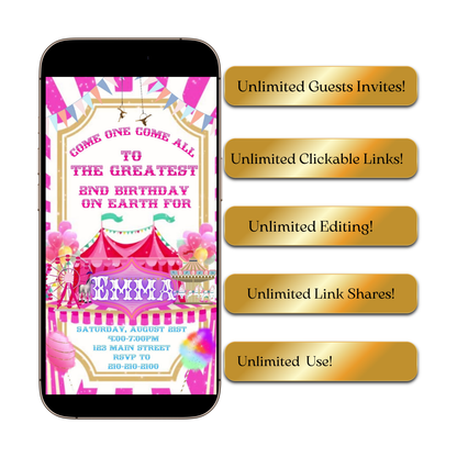 Editable pink circus 2nd birthday birthday video invitation displayed on a mobile phone, featuring an animated vertical digital invite with music, created in Canva. This premium video invitation template is designed for sharing by text, email, and social media and works with an interactive RSVP website for easy guest response tracking.