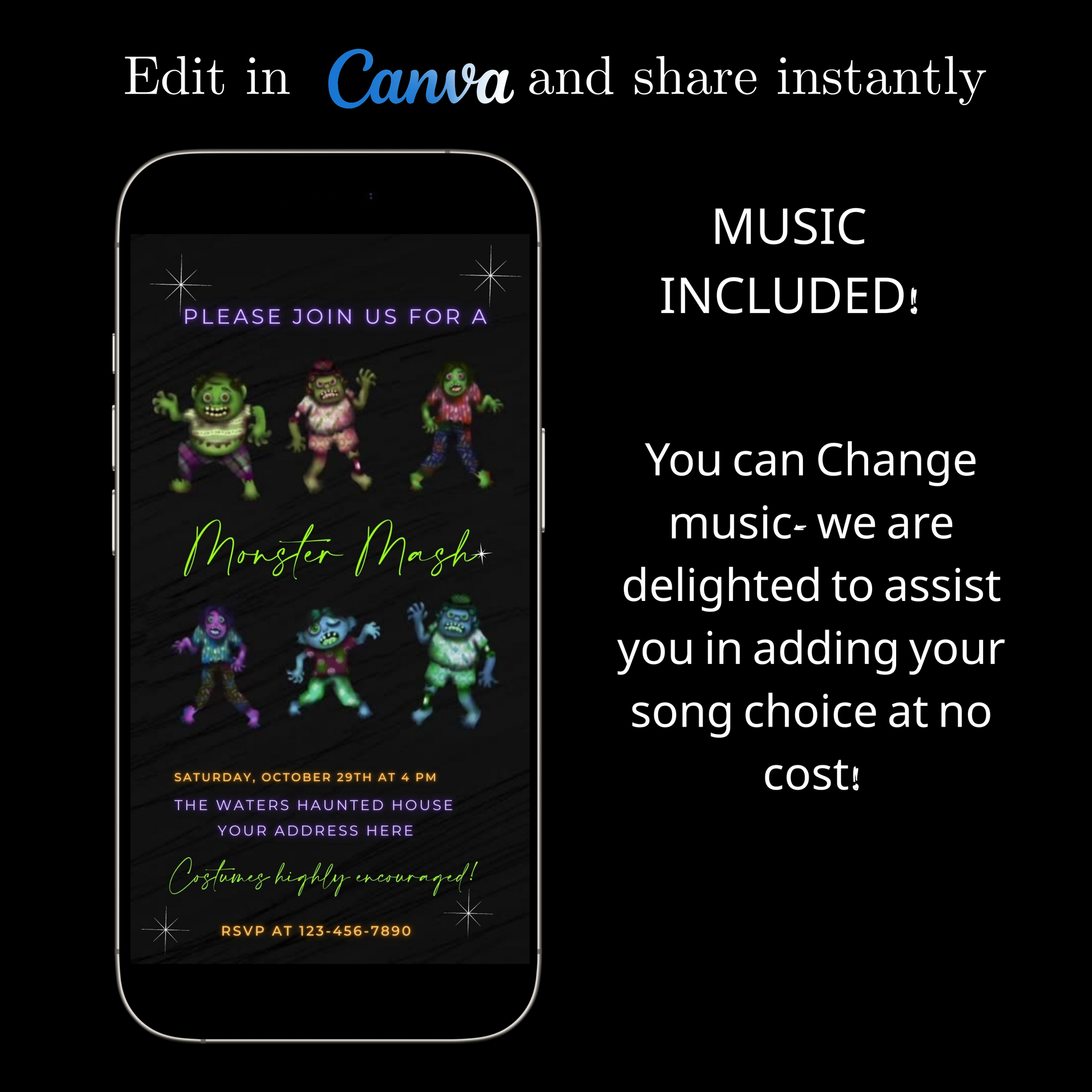 Editable monster mash halloween party party video invitation displayed on a mobile phone, featuring an animated vertical digital invite with music, created in Canva. This premium video invitation template is designed for sharing by text, email, and social media and works with an interactive RSVP website for easy guest response tracking.
