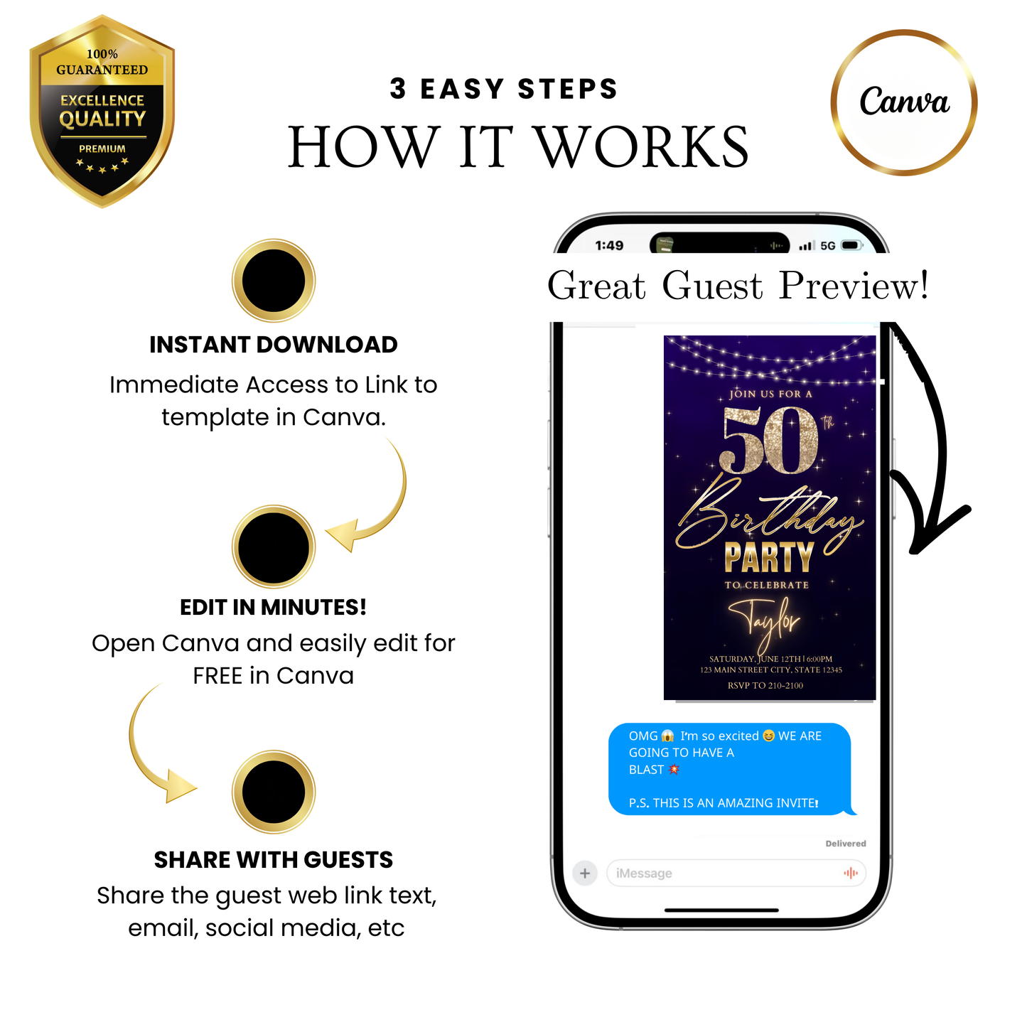 Editable purple gold glam 50th birthday video invitation displayed on a mobile phone, featuring an animated vertical digital invite with music, created in Canva. This premium video invitation template is designed for sharing by text, email, and social media and works with an interactive RSVP website for easy guest response tracking.