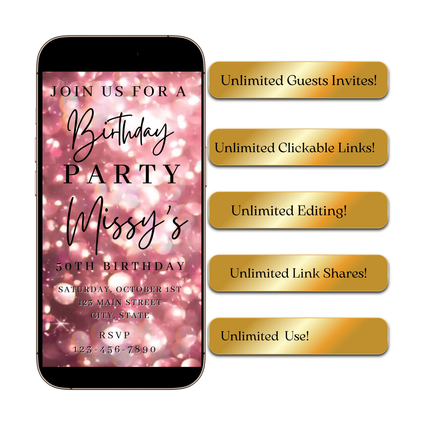 Editable rose gold bokeh 50th birthday birthday video invitation displayed on a mobile phone, featuring an animated vertical digital invite with music, created in Canva. This premium video invitation template is designed for sharing by text, email, and social media and works with an interactive RSVP website for easy guest response tracking.