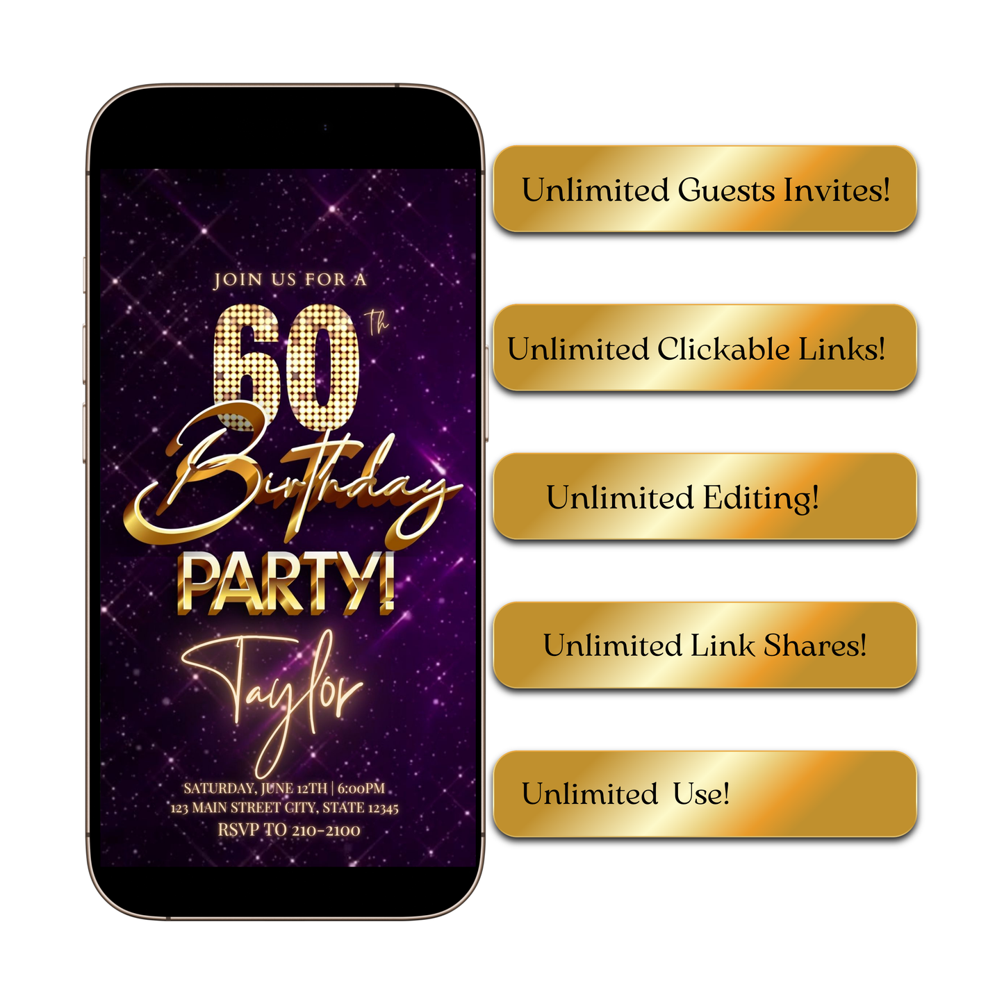 Editable purple gold sparkle 60th birthday birthday video invitation displayed on a mobile phone, featuring an animated vertical digital invite with music, created in Canva. This premium video invitation template is designed for sharing by text, email, and social media and works with an interactive RSVP website for easy guest response tracking.